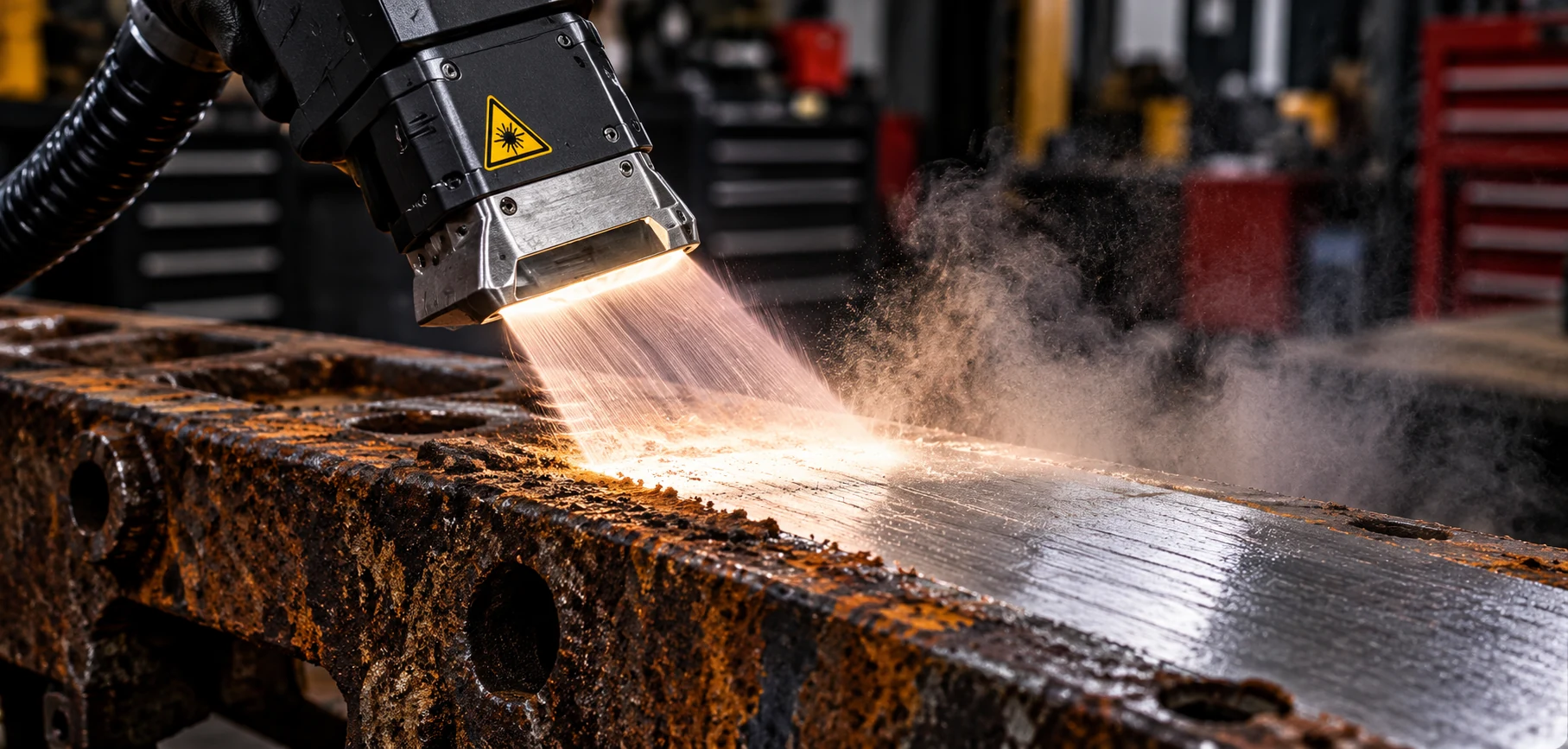 Illustrative wide-scan laser cleaning of corrosion on industrial steel
