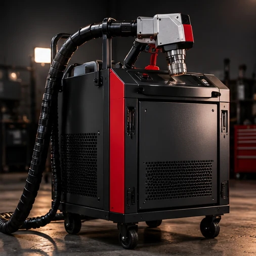 Illustrative specialized laser equipment in an industrial workspace